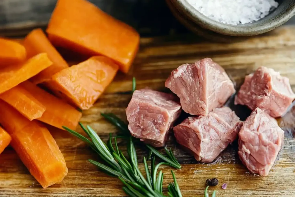 Raw venison on a rustic wooden cutting board, surrounded by fresh vegetables and sprigs of rosemary