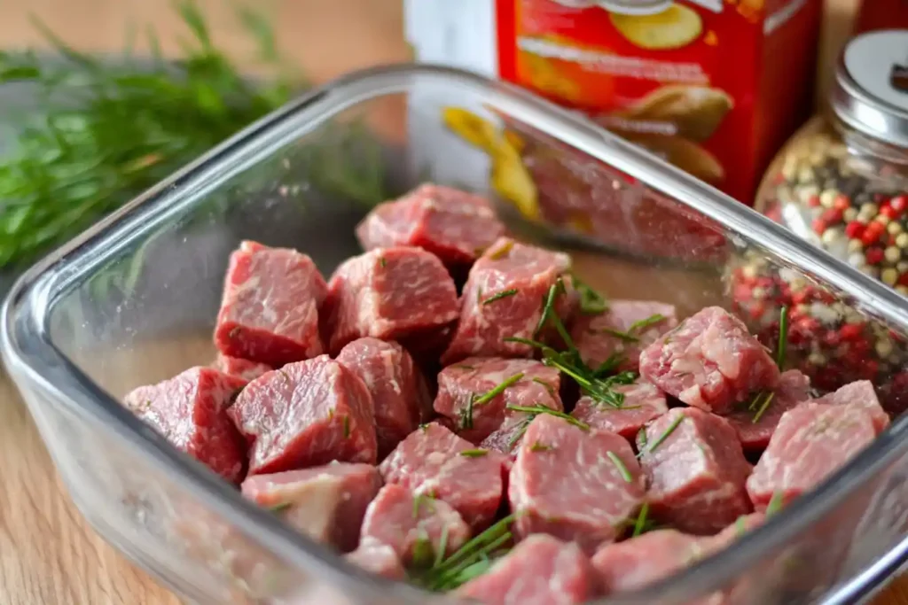 Close-up of trimmed venison pieces next to a bowl of marinade with fresh herbs and spices.