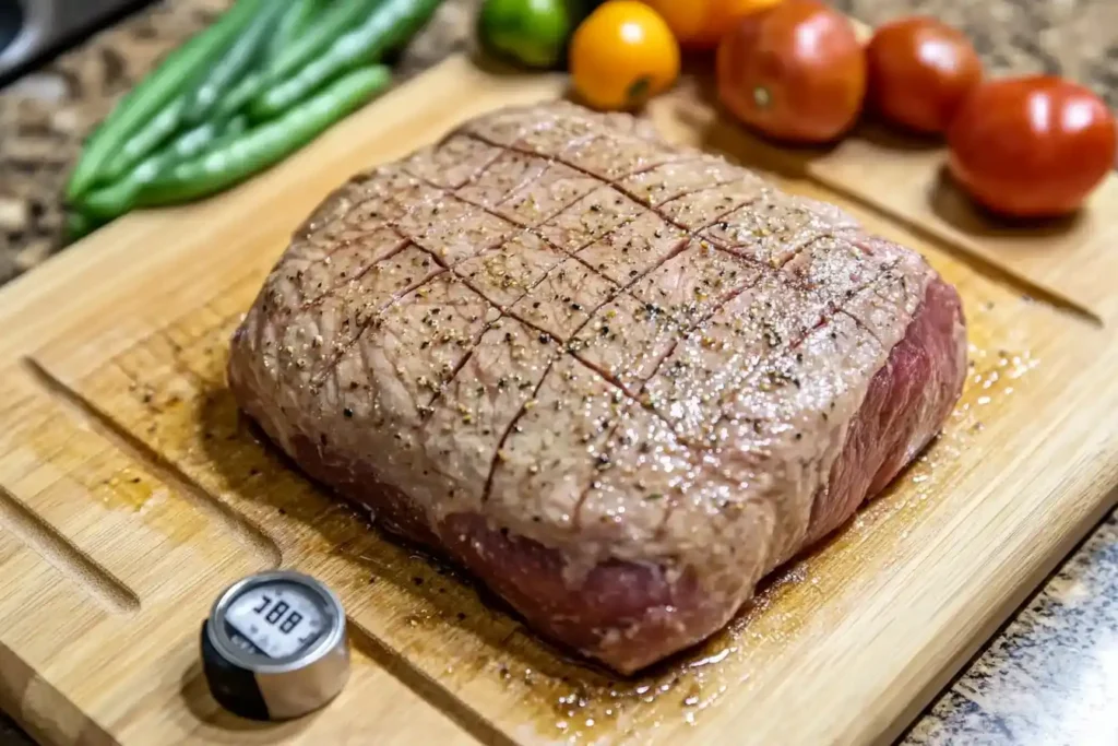 Fully cooked venison roast resting on a cutting board with a meat thermometer inserted, surrounded by vegetables