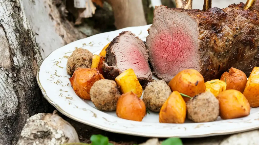 Perfectly cooked deer roast sliced to reveal a tender pink center, surrounded by roasted vegetables and golden potatoes on a rustic plate