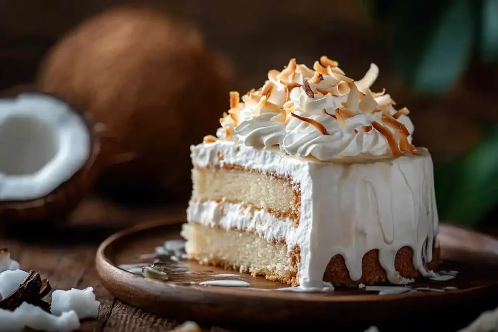 A close-up of a slice of Tres Leches cake drizzled with coconut milk, topped with whipped cream and toasted coconut flakes, set on a tropical wooden background.