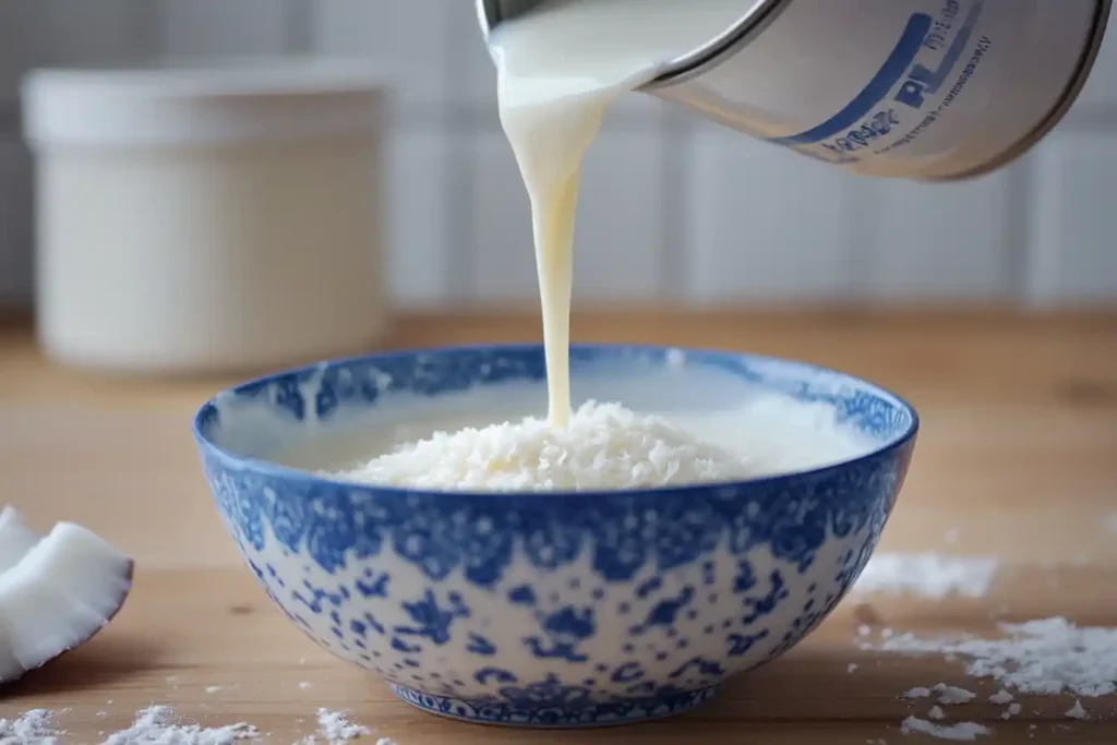 A can of coconut milk being poured into a bowl of mixture.