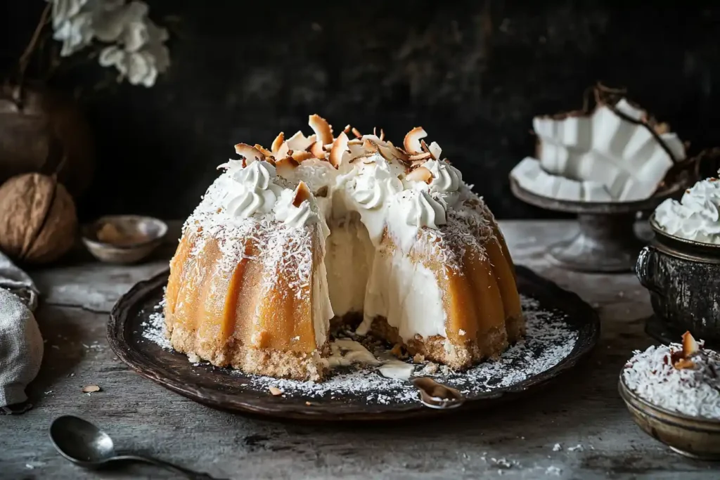 A slice of Coconut Tres Leches oozing with milk, served with whipped cream and shredded coconut.