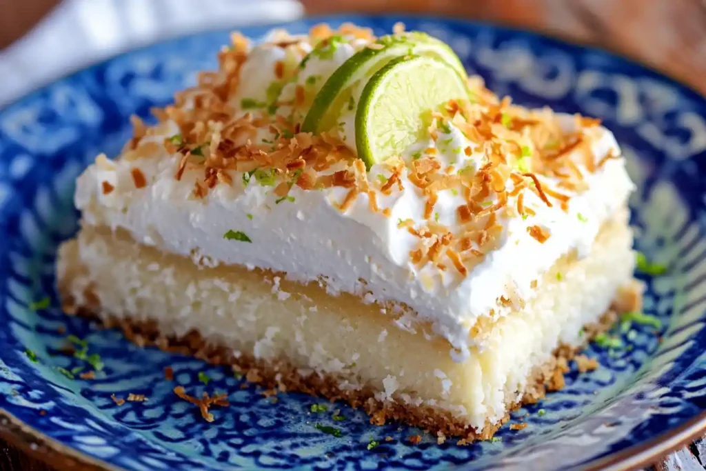 A Coconut Tres Leches Cake garnished with lime zest, whipped cream, and toasted coconut flakes on a vibrant serving plate.