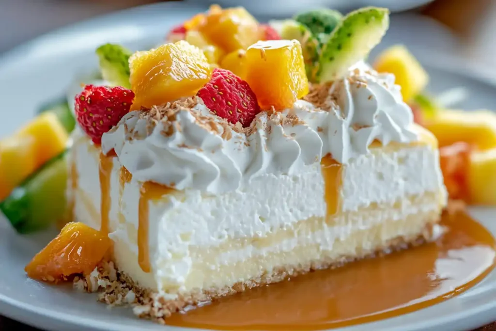 A close-up of a slice of CoconutTres Leches, plated with whipped cream, tropical fruit slices, and caramel drizzle on the side.