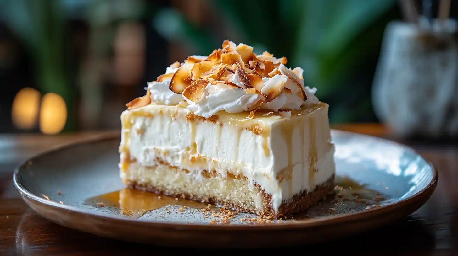 A slice of coconut tres leches cake served on a ceramic plate, topped with whipped cream, toasted coconut flakes, and a drizzle of caramel.