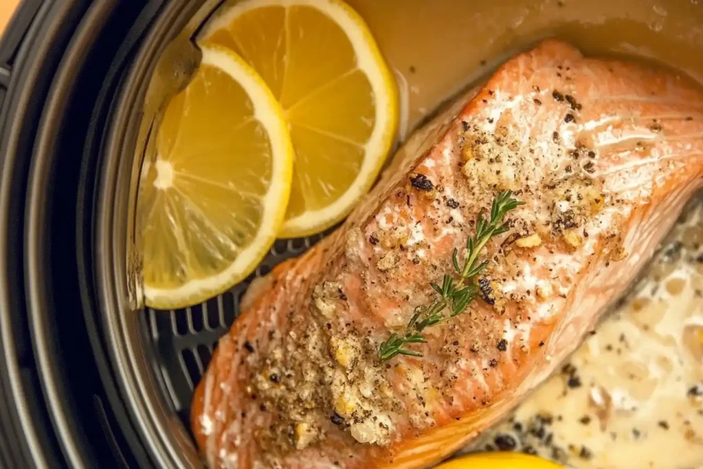 Close-up of air-fried salmon garnished with lemon wedges and herbs.