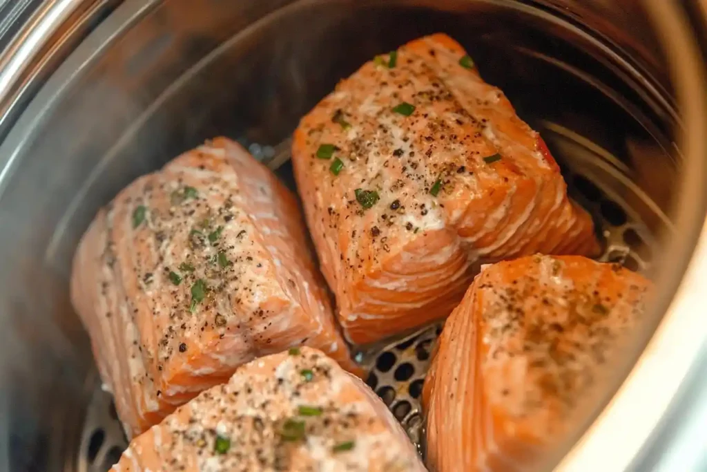 Step-by-step guide showing frozen salmon in the air fryer, seasoning, and flipping halfway through.