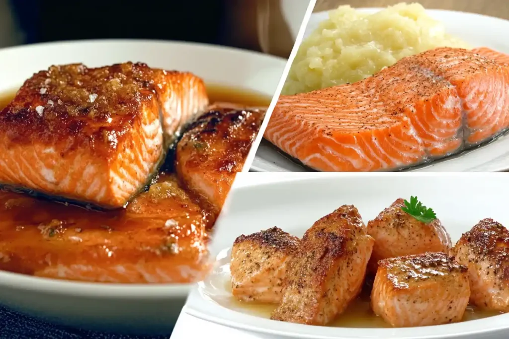 A variety of flavored salmon fillets including teriyaki-glazed, Cajun-spiced, and lemon herb, beautifully plated.