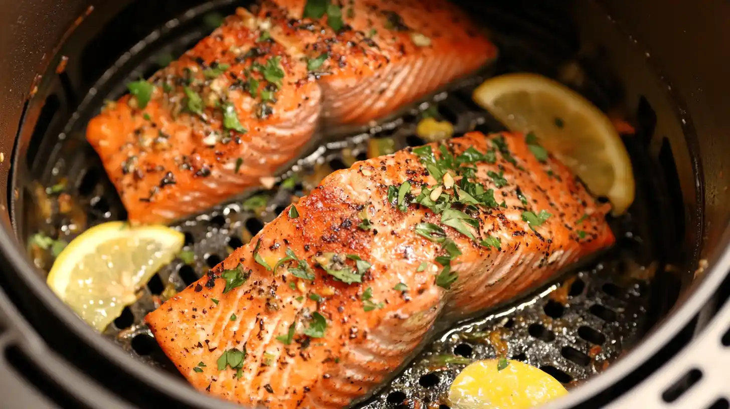 Close-up of air-fried salmon garnished with lemon wedges and herbs.