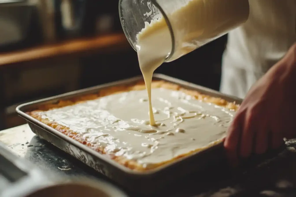 The moment of truth—watch as the cake absorbs the creamy goodness!