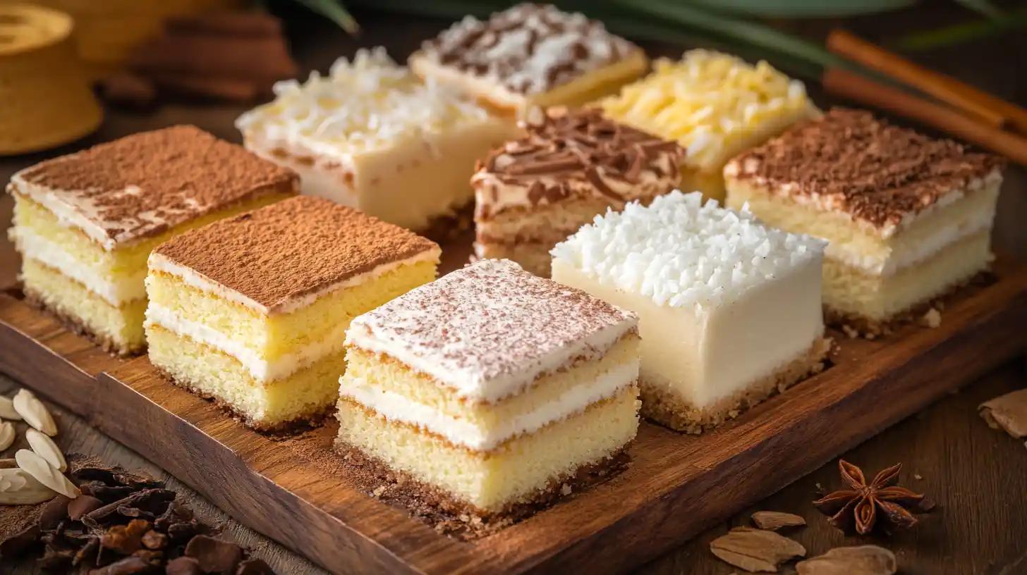 Indulge in the irresistible delight of sponge cake squares topped with creamy layers and a variety of flavors.