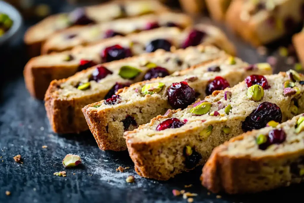 Close-up of biscotti dough mixed with cranberries and pistachios, alongside baked biscotti cut into neat slices.