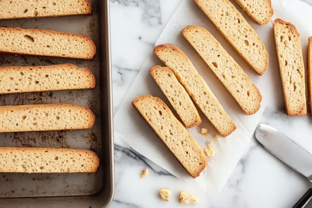 Step-by-step visuals of shaping biscotti dough, slicing it, and baking it to golden perfection.