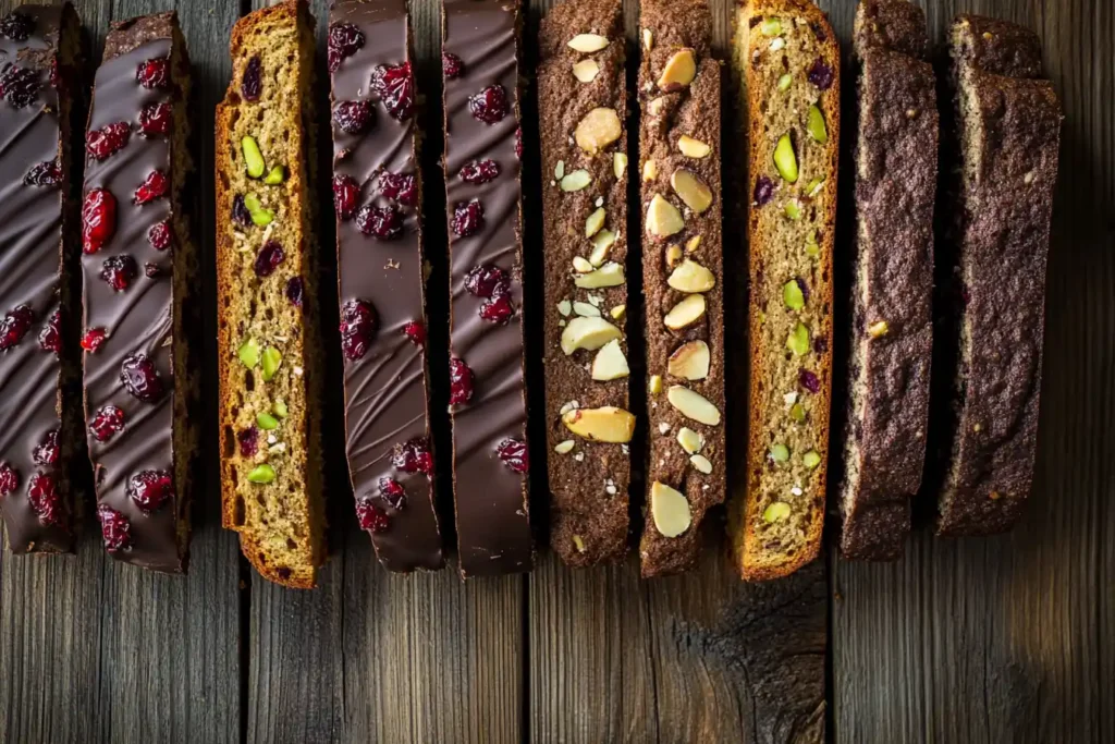 Side-by-side display of cranberry pistachio biscotti, almond-cherry biscotti, and chocolate-drizzled biscotti on a wooden table.