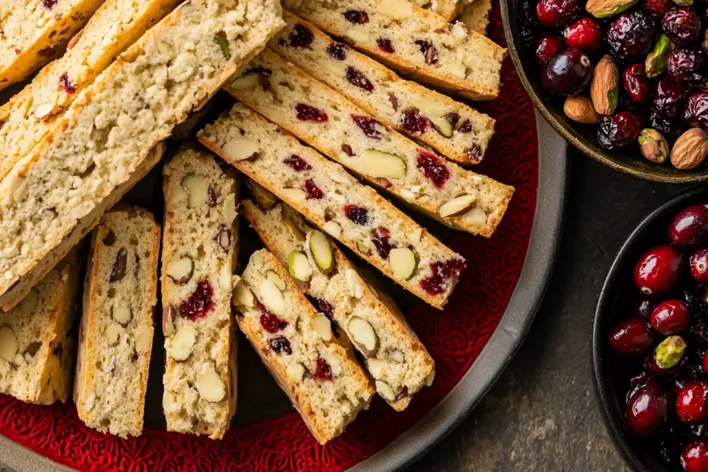 A spread of traditional biscotti with almonds, featuring an up-close view of cranberry pistachio biscotti, bordered with a red frame.