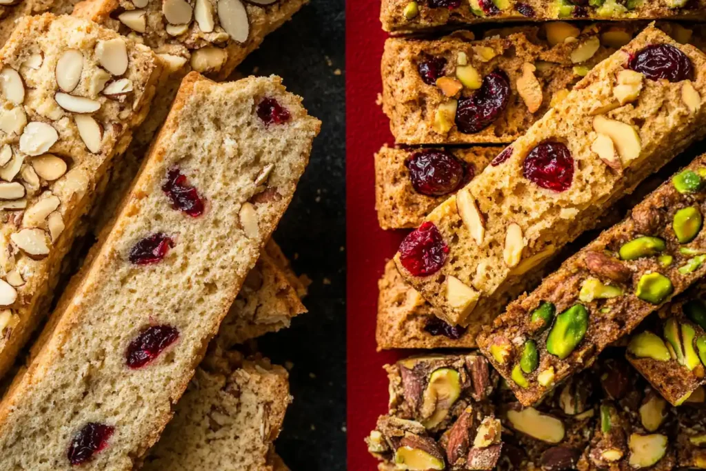 Assortment of cranberry almond and cranberry pistachio biscotti arranged side by side.