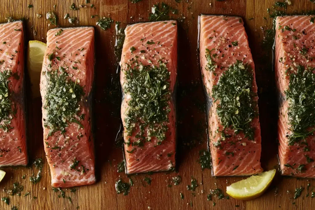 A step-by-step process of rinsing, patting dry, and seasoning frozen salmon fillets with fresh herbs and lemon slices on a wooden cutting board.