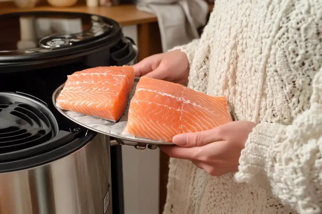 A modern kitchen showcasing an oven, air fryer, and Instant Pot with salmon fillets prepped and ready for cooking.