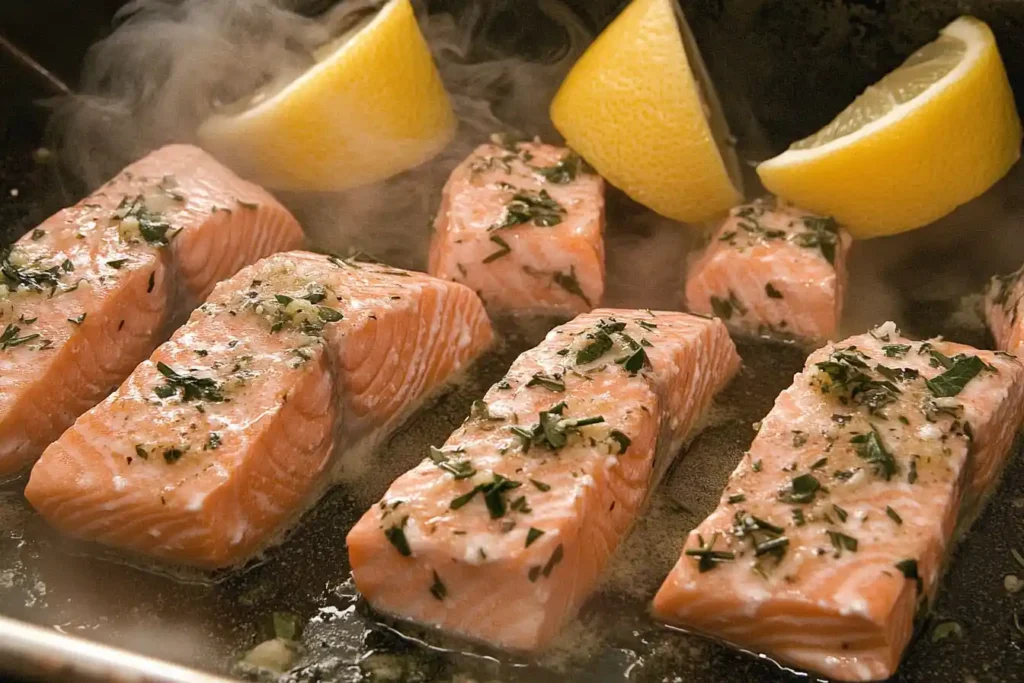 Steaming hot salmon fillets on a baking tray, garnished with fresh herbs and lemon wedges.