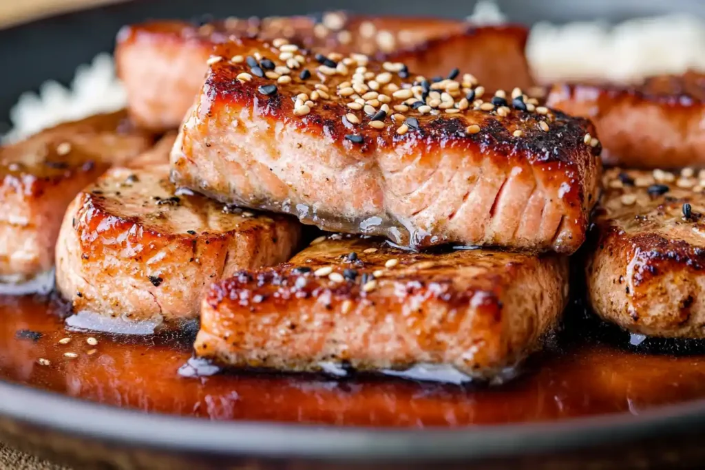 How Long Does It Take to Cook Frozen Salmon: A close-up of glazed salmon fillets brushed with teriyaki sauce and sprinkled with sesame seeds, served on a plate.