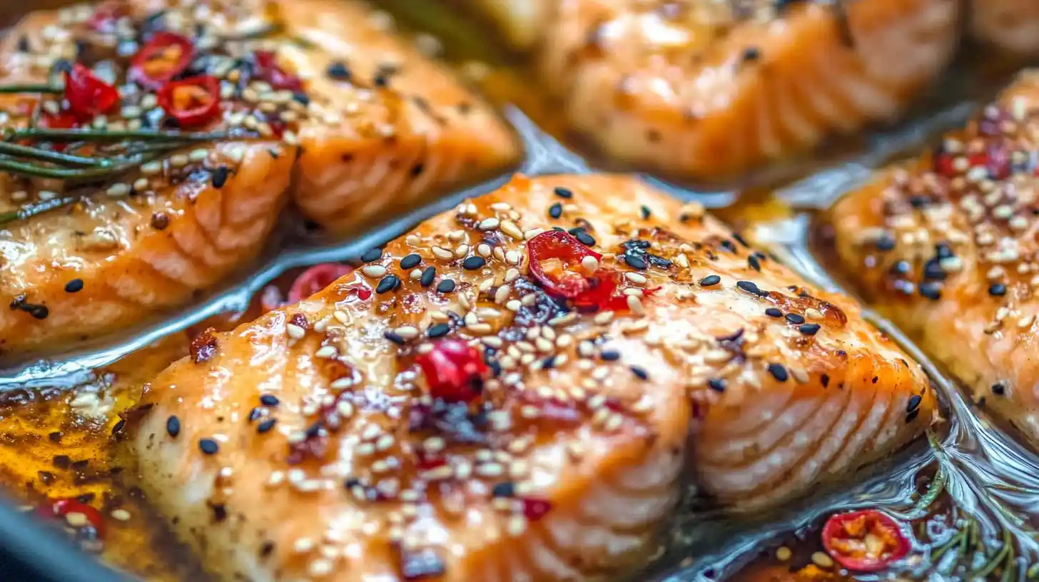 A close-up of glazed salmon fillets brushed with teriyaki sauce and sprinkled with sesame seeds, served on a plate.