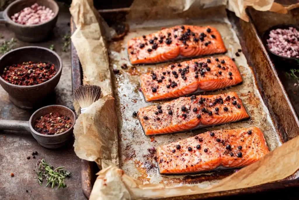 Seasoned salmon fillets on a tray with spices and marinade brush ready for cooking