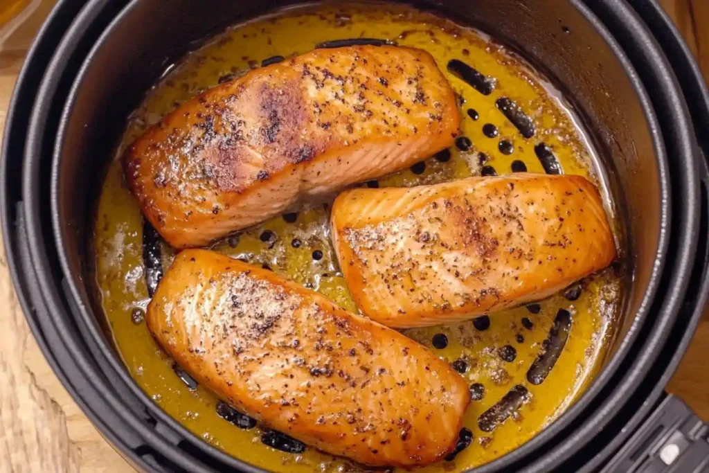 "Golden salmon fillets inside an air fryer basket, perfectly cooked.