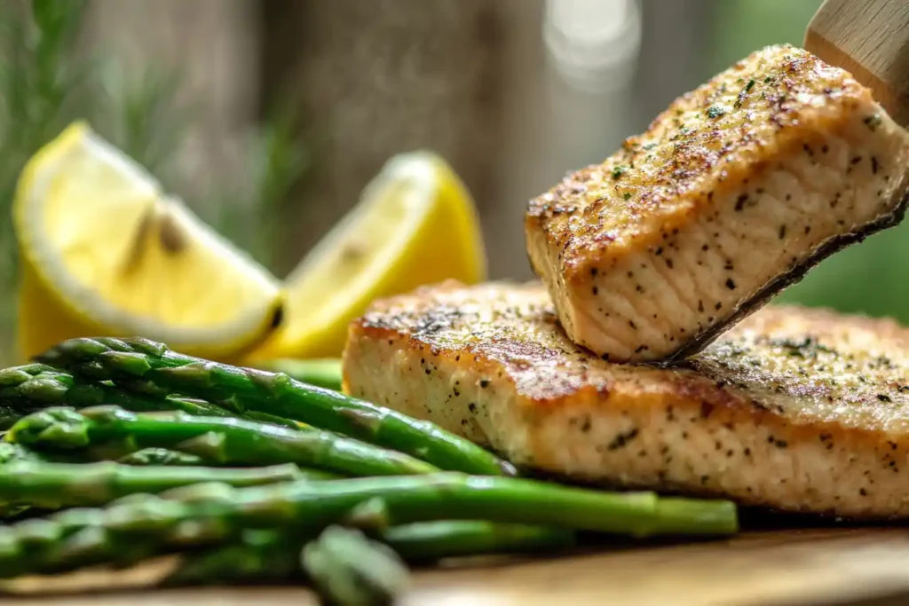 "Close-up of golden salmon fillets with asparagus and lemon wedges on a plate.