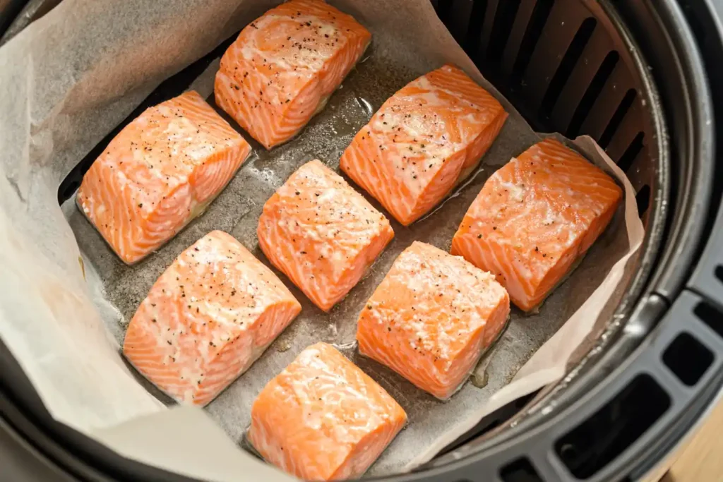 Step-by-step visual of salmon fillets placed in an air fryer basket with parchment paper.