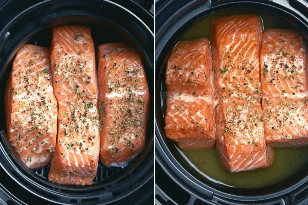 Fresh salmon fillets before cooking vs. seasoned salmon fillets in an air fryer.