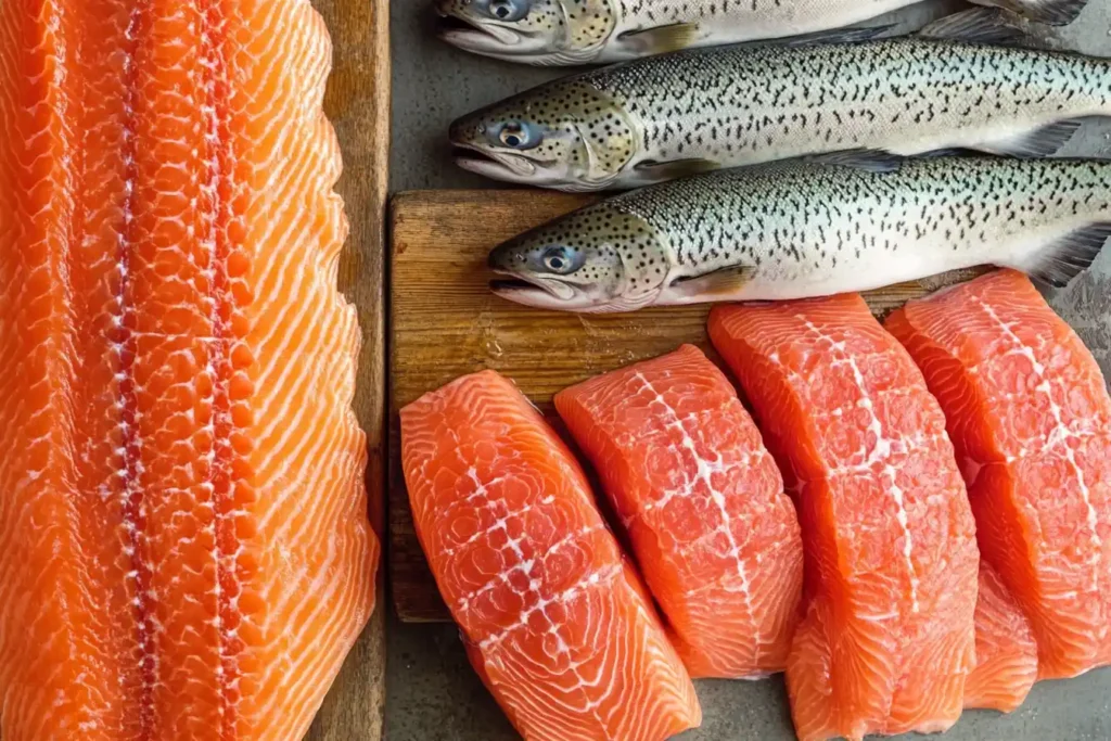 Top-down view of fresh and frozen salmon fillets, raw fillets, and whole fish on a textured oak wooden cutting board.