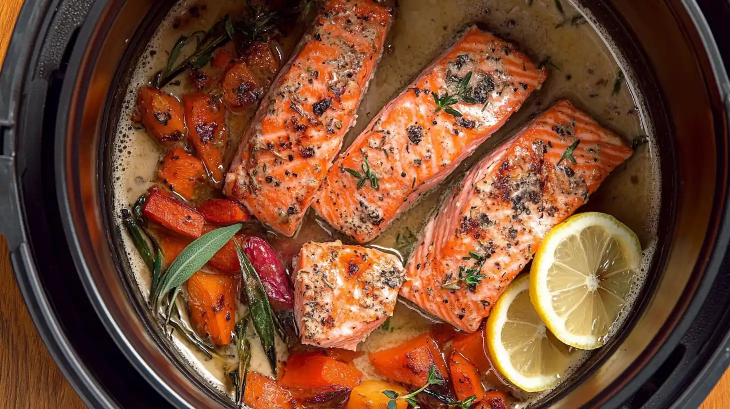 Air-fried salmon with herbs, lemon, and roasted vegetables.