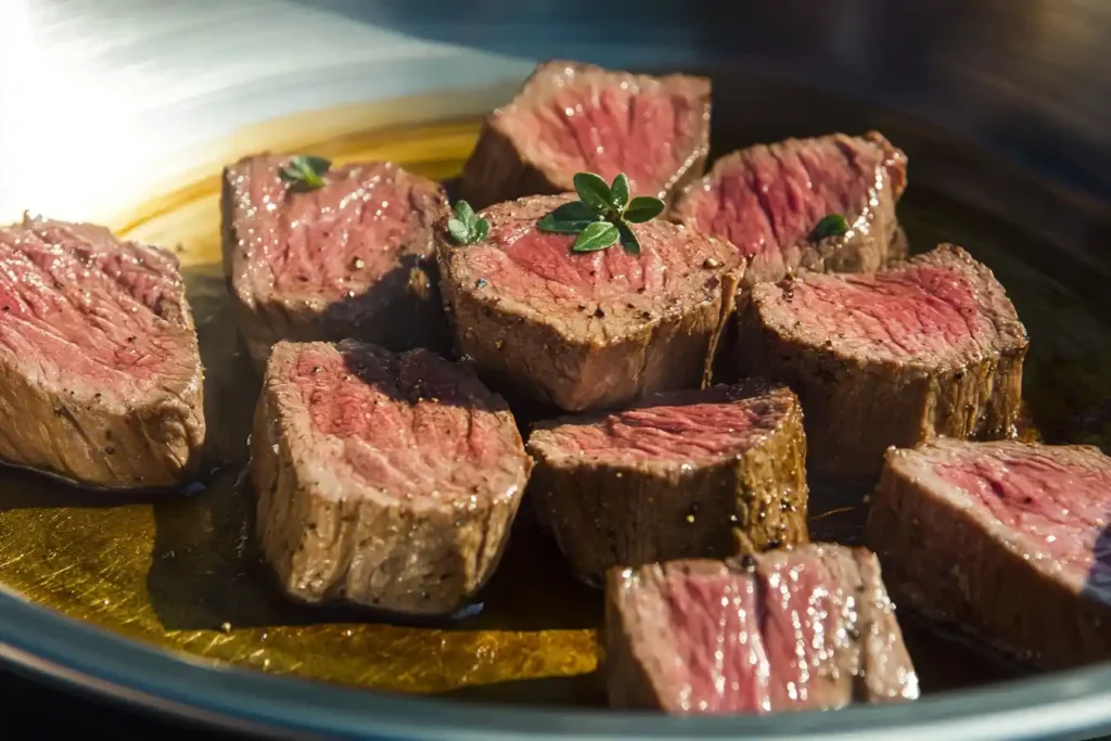 A platter of perfectly seared meet steaks, garnished with fresh herbs and served juicy.