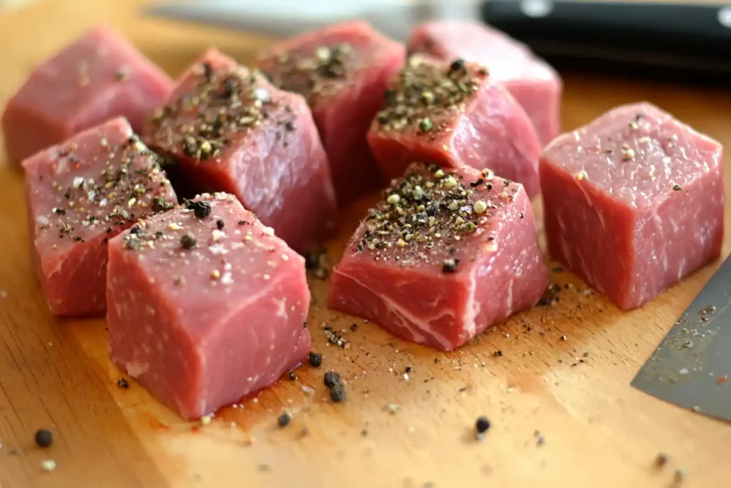 Close-up of raw meet on a wooden cutting board, surrounded by spices and a sharp knife, ready for preparation.