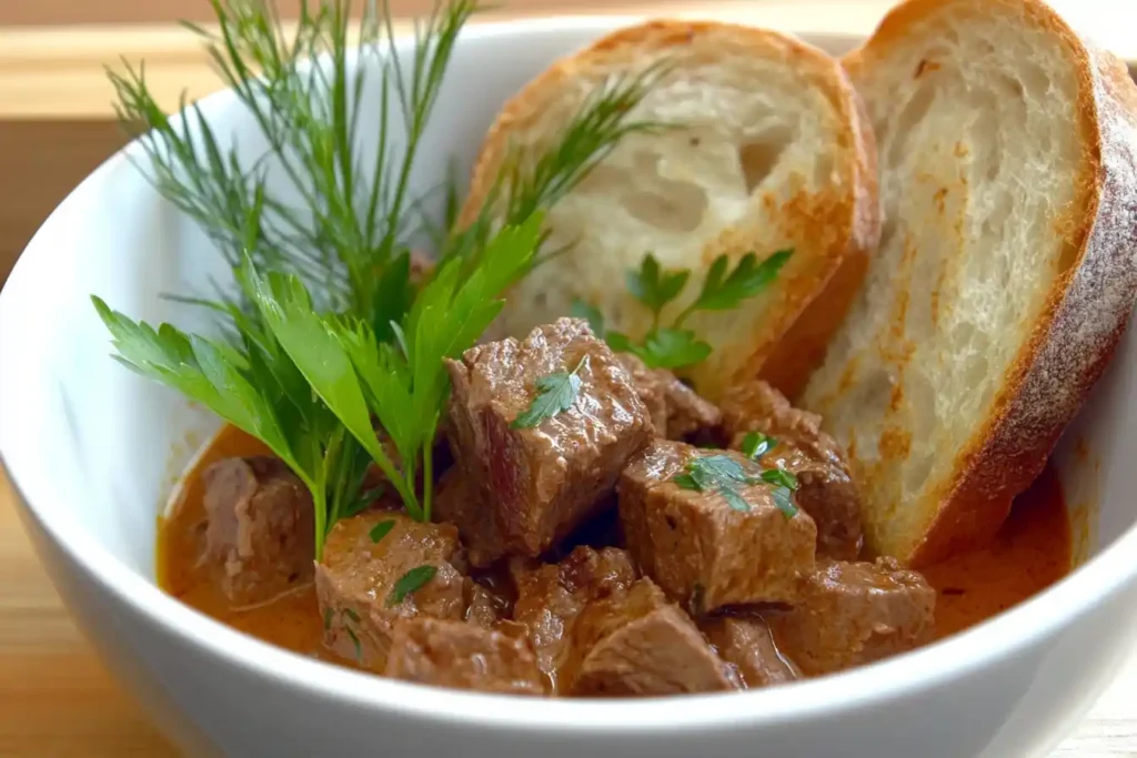 A warm bowl of venison stew garnished with fresh herbs, served alongside crusty bread on a rustic wooden table.