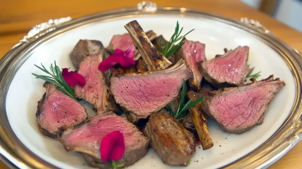 A platter of grilled venison steaks, seared to perfection, garnished with fresh herbs, and served juicy and tender.