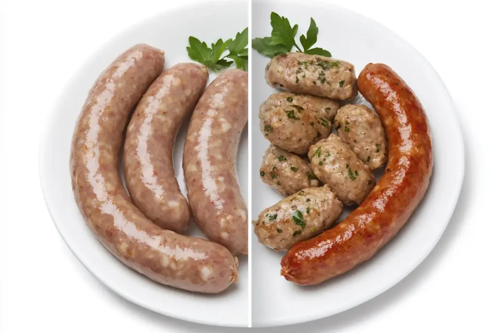 A split image comparing traditional pork sausage and turkey Italian sausage, showcasing their ingredients and nutritional values.