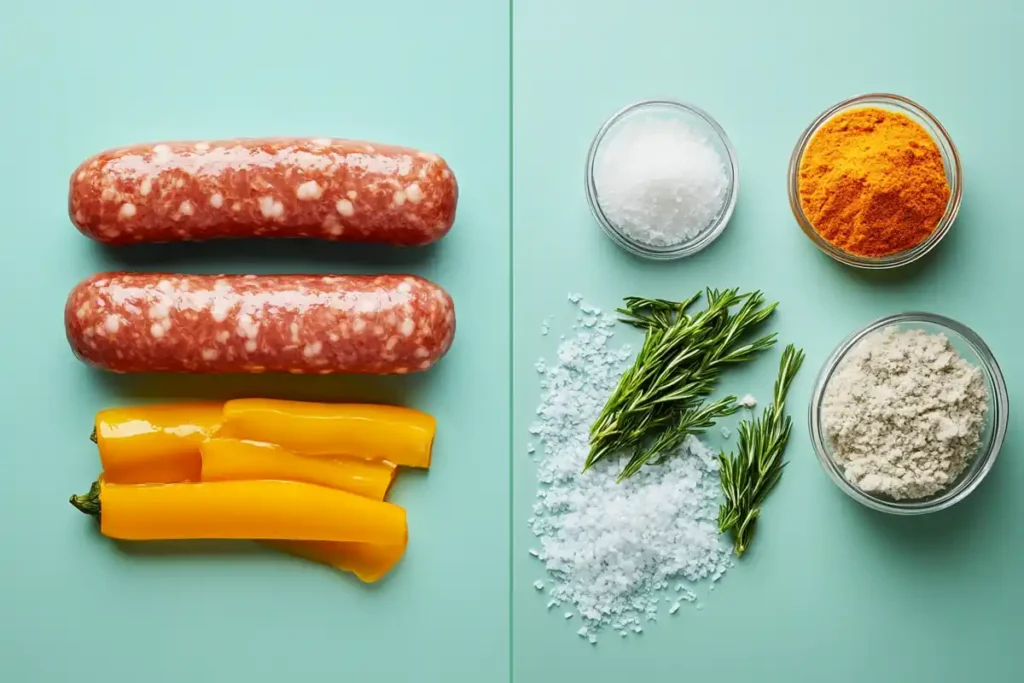 A comparison graphic showing a packaged turkey Italian sausage label with highlighted sodium and additives, contrasted with fresh homemade sausage ingredients.