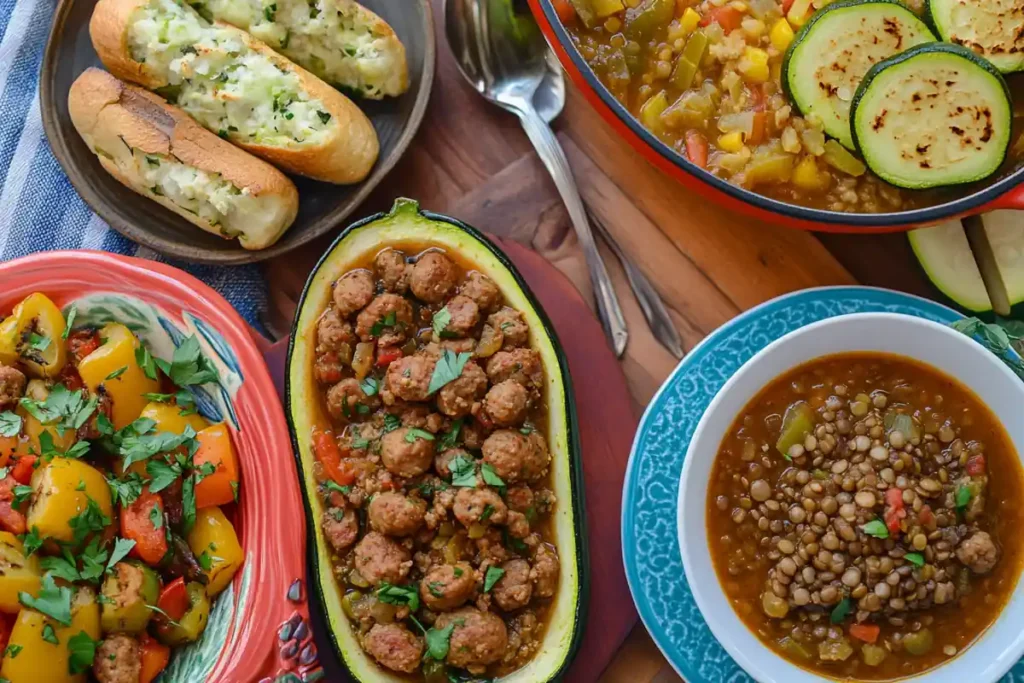 A colorful spread with turkey sausage zucchini boats, turkey sausage-stuffed peppers, and lentil turkey sausage soup, presented on individual plates.