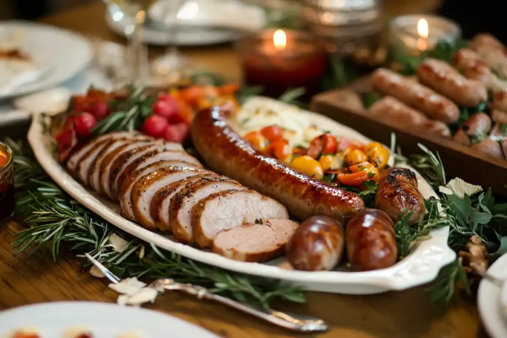 A beautifully garnished platter featuring turkey sausages, sliced and whole, accompanied by roasted vegetables, fresh herbs, and a cozy, candlelit table setting in the background.