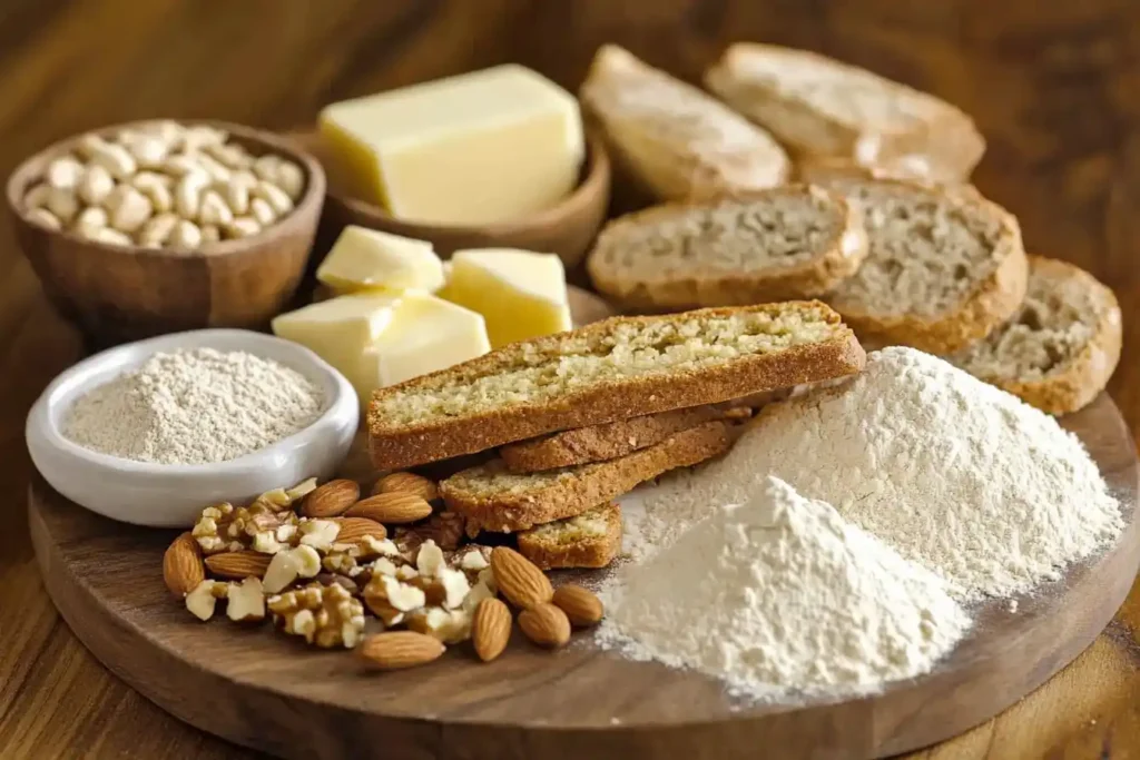 Traditional biscotti ingredients including butter, oil, flour, nuts, and flavor add-ons arranged on a wooden countertop.