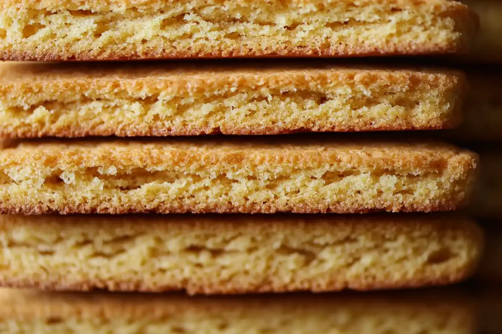 Close-up of golden-brown biscotti stacked neatly, showcasing their tender center and crispy edges.