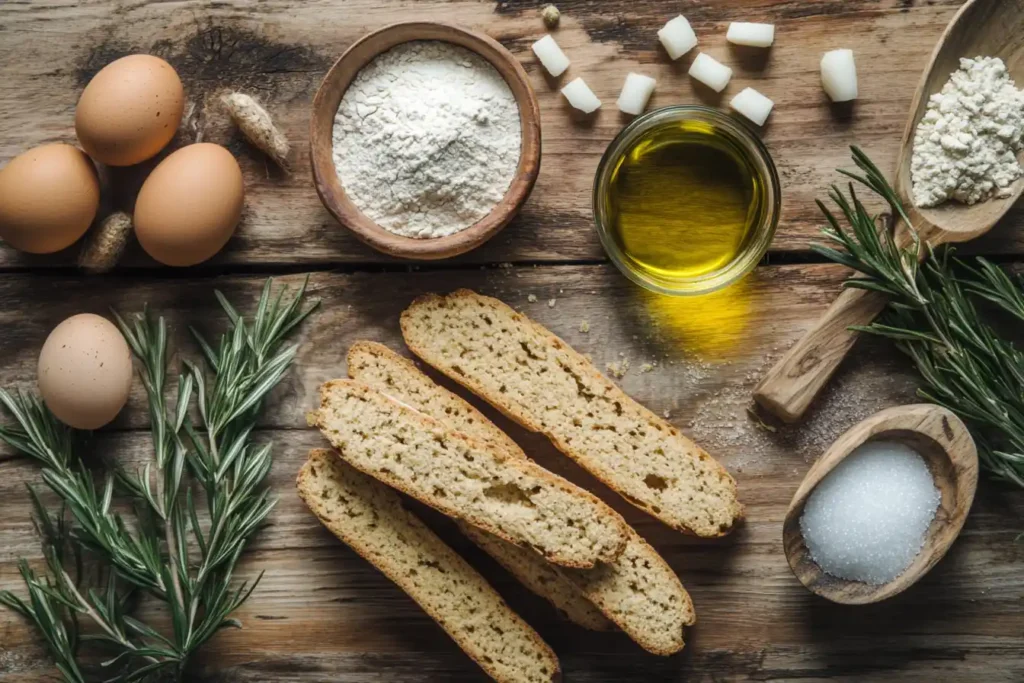 Flat-lay of biscotti ingredients including flour, eggs, sugar, and olive oil on a rustic wooden surface.