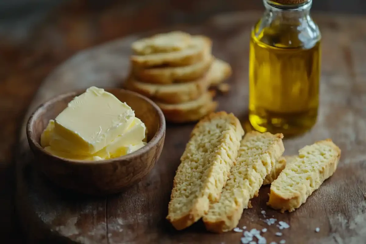 Comparison of butter and olive oil for perfect biscotti, with butter in a bowl and olive oil in a bottle, surrounded by biscotti pieces on a wooden surface.