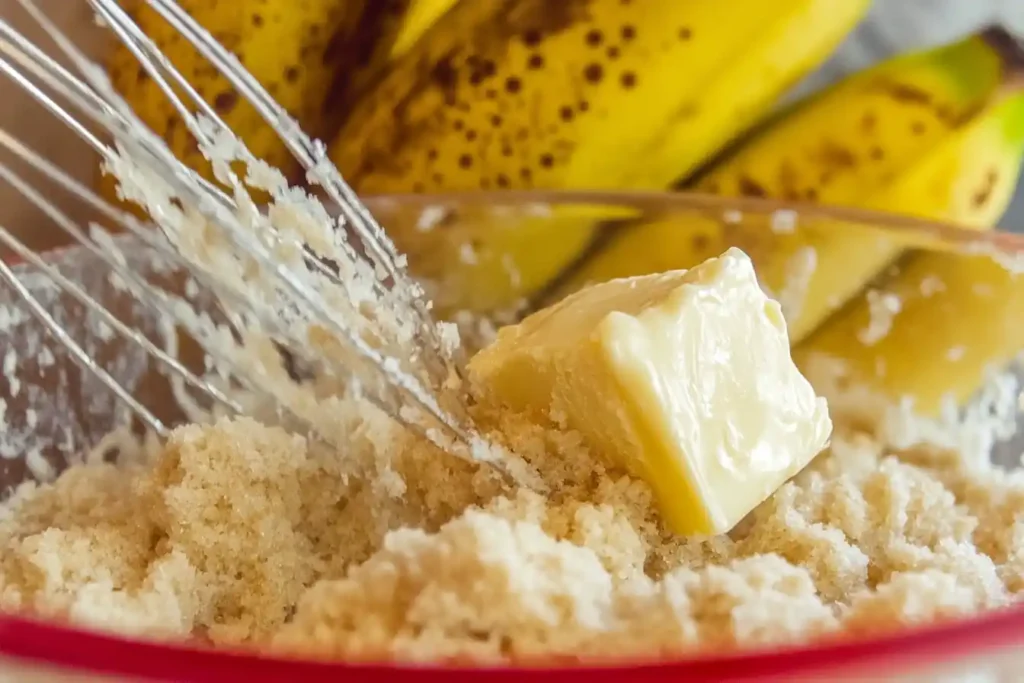 Close-up of butter melting into batter, framed by a red border with bananas and flour in the background.