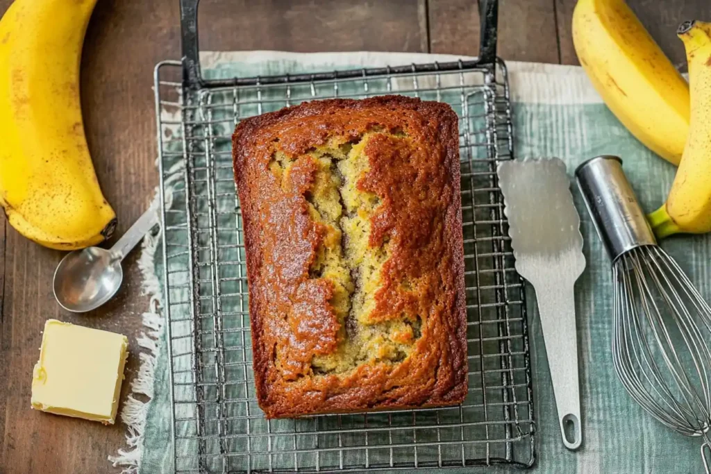 A freshly baked banana bread loaf on a cooling rack surrounded by ripe bananas, butter sticks, measuring spoons, and a whisk.