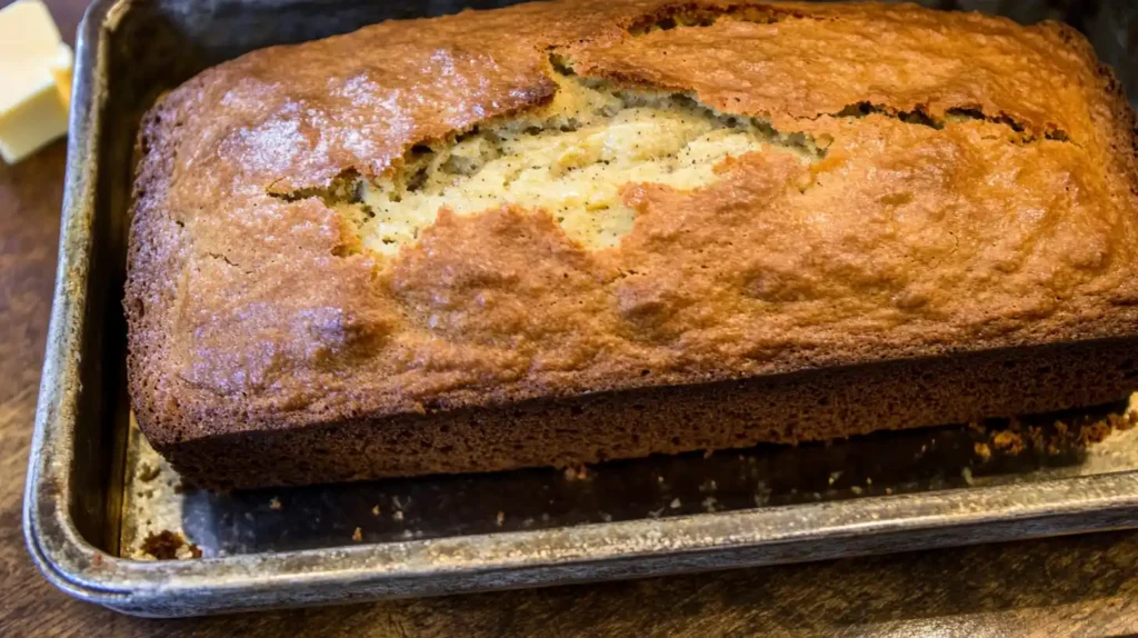 Close-up of freshly baked butter-based banana bread with a golden crust, moist interior, and melting pats of butter in the background.