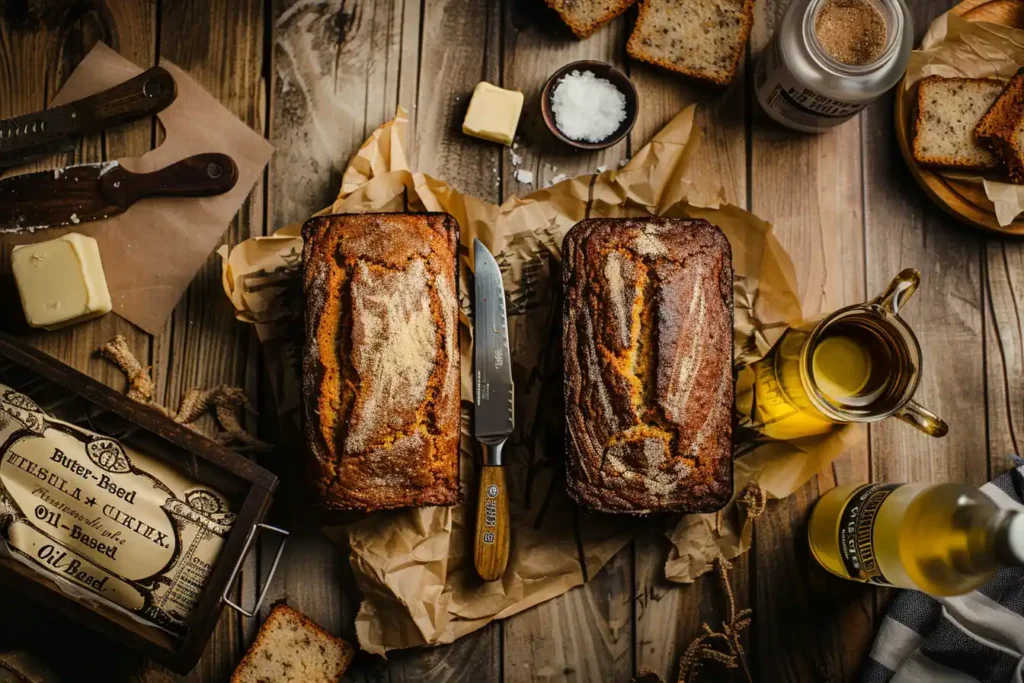 Two banana bread loaves labeled "Butter-Based" and "Oil-Based" on a rustic wooden table, surrounded by a butter knife, butter dish, and cooking oil.