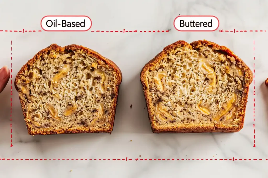 Two cross-sections of banana bread labeled "Oil-Based" and "Butter-Based" on a white background, highlighting their textural differences.